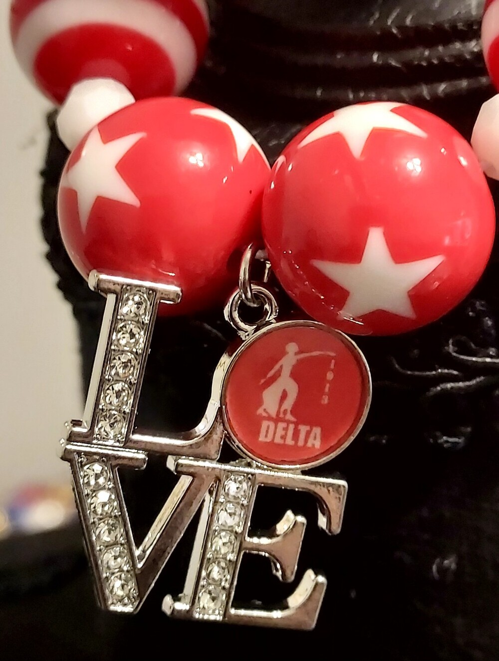 Handmade Delta Red and White Star Bead Necklace with LOVE Charm